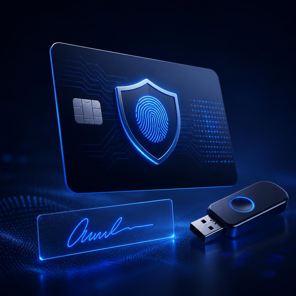 Composição de certificado digital: cartão com chip, escudo de segurança, assinatura digital e token USB